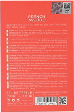 Tył pomarańczowego opakowania perfum FRENCH AVENUE 100ml, z białymi napisami, ostrzeżeniami i kodem kreskowym.