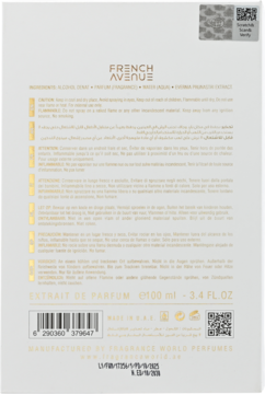 Tylna strona białego opakowania perfum French Avenue Extrait de Parfum 100ml, z ostrzeżeniami w wielu językach.