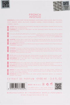Tył białego opakowania perfum FRENCH AVENUE EXTRAIT DE PARFUM 100ml z listą składników i instrukcjami.