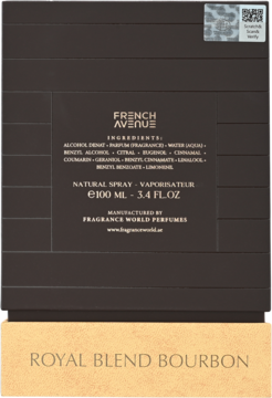 Tył opakowania perfum French Avenue Royal Blend Bourbon 100ml, ciemne z teksturą, z listą składników.