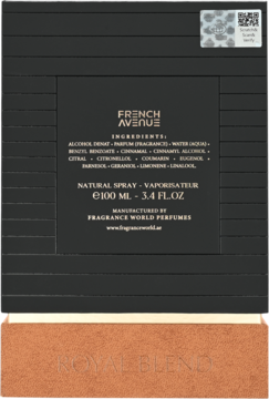 Tył czarnego opakowania perfum FRENCH AVENUE Royal Blend 100 ml, z listą składników i danymi producenta.