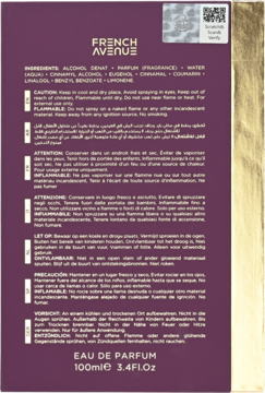 Tył ciemnofioletowego pudełka French Avenue Eau De Parfum 100ml z ostrzeżeniami, złotym logo i kodem QR.