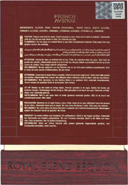 Tył bordowego opakowania perfum FRENCH AVENUE Royal Blend SÉQUOIA z listą składników i ostrzeżeniami.