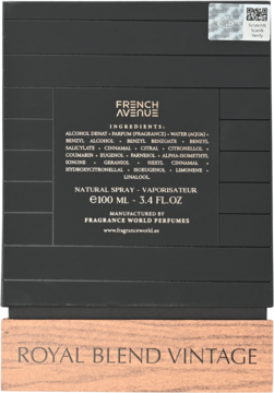 Tył czarnego opakowania French Avenue Royal Blend Vintage, z listą składników, pojemnością i kodem QR.