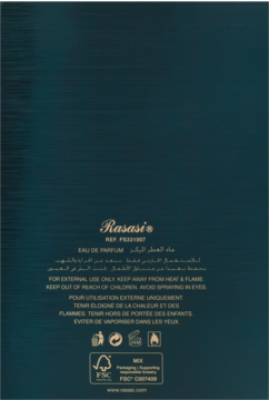 Tył ciemnogranatowego opakowania perfum Rasasi Eau de Parfum, z białymi napisami ostrzegawczymi i logo FSC.