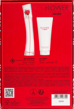 Tył czerwonego opakowania zestawu Flower by Kenzo: perfumy (30ml) i balsam (75ml). Widoczne etykiety i składniki.