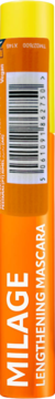 Pomarańczowo-żółty tusz do rzęs Milage Lengthening Mascara, widok z boku z widocznym kodem kreskowym.
