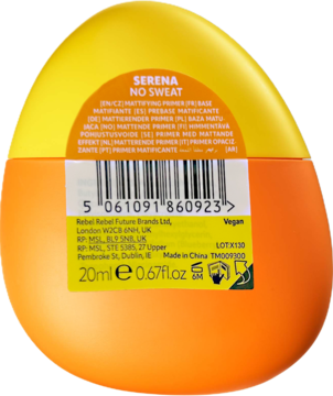 Tył pomarańczowo-żółtej, jajowatej bazy matującej Serena No Sweat 20ml, z kodem kreskowym i napisem "Vegan".
