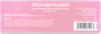 Tył różowej palety do konturowania Trouble Maker Cream Complexion Maker Palette Light z tekstem i kodem kreskowym.