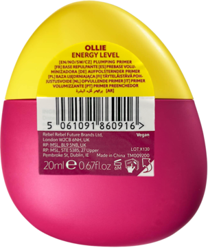 Tył jajkowatej bazy pod makijaż Ollie Energy Level, żółto-różowa, z etykietą Plumping Primer 20ml.