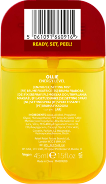 Tył żółtej, transparentnej butelki OLLIE Energy Level Setting Mist, z kodem kreskowym i listą składników. Vegan, 45ml.