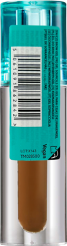 Tył ciemnobrązowego żelu do brwi Trouble Maker Evil Twin Tinted Brow Gel, z turkusową etykietą i kodem kreskowym.
