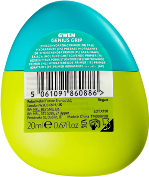 Tył nawilżającej bazy GWEN GENIUS GRIP w dwukolorowej, jajowatej butelce (turkus/limonka) z etykietą, kodem i 20ml.