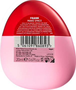 Tył jajowatej, czerwono-różowej wygładzającej bazy Trouble Maker Make Space, z kodem kreskowym, 20ml.