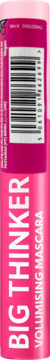 Różowa maskara Big Thinker Volumising Mascara, widok z boku, pionowy napis i kod kreskowy na opakowaniu.