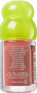 Olejek do ust Trouble Maker Melt Down Slip n Slide Nude, tył przezroczystej butelki z etykietą, limonkowa, zaokrąglona nakrętka.