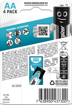 Tył opakowania alkalicznych baterii Energizer AA 4 PACK, widoczne ostrzeżenia, QR kod i Easy Open.