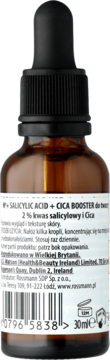 Tył brązowej butelki Salicylic Acid + Cica Booster Rossmann z 2% kwasem salicylowym i kodem kreskowym, 30ml.