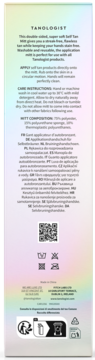 Tył opakowania rękawicy Tanologist Self Tan Mitt. Widoczne instrukcje użytkowania, skład i opis produktu.