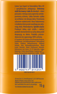 Tył pomarańczowego sztyftu Lirene Sun Expert dla twarzy i ciała, z widocznym składem, kodem kreskowym 15g.