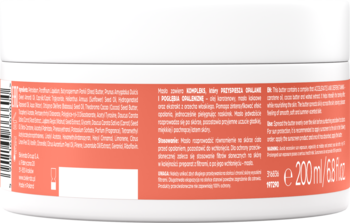 Tył białego opakowania kosmetyku, z brzoskwiniową etykietą, widoczne informacje o składnikach i pojemność 200ml.