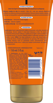 Tył pomarańczowej tubki Lirene Sun Expert emulsji do opalania 150ml, lista składników, wodoodporna, PETA.