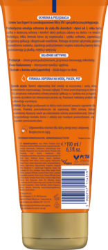 Tył pomarańczowo-złotej tubki Lirene Sun Expert Emulsji Słonecznej 190ml z polskim tekstem i kodem kreskowym.