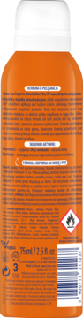Tył pomarańczowego sprayu Lirene Sun Expert SPF 50 do twarzy 75 ml, widoczne informacje o składnikach.