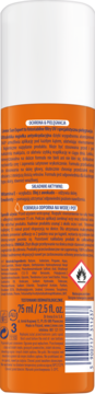 Tył pomarańczowo-białej puszki mgiełki Lirene Sun Expert SPF 50, 75 ml, z opisem i kodem kreskowym.