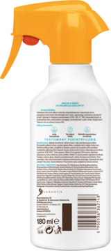 Tył białej butelki Kolastyna pediatryczny spray ochronny dla dzieci z pomarańczowym atomizerem, etykieta 180 ml.