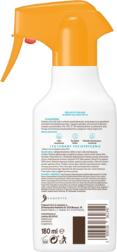 Tył białej butelki Kolastyna SPF 50 spray do opalania dla dzieci 180 ml, pomarańczowy aplikator, etykieta.
