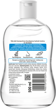 Tył transparentnej butelki Biały Jeleń micelarny hydrożel bezzapachowy 500ml, z niebieską etykietą i opisem.