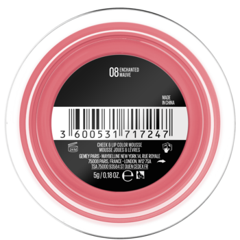Róż do policzków Maybelline Cloudtopia, Enchanted Mauve 08, widok od spodu z etykietą i kodem kreskowym.
