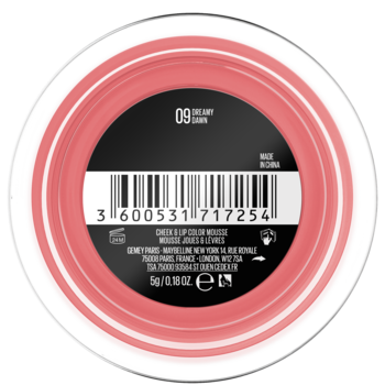 Róż Maybelline Cloudtopia 09 Creamy Coral. Widok z góry, okrągłe opakowanie z etykietą i kodem EAN.