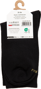Skarpety dziecięce czarne, tył opakowania z rozmiarem 31-34, skład (70% bawełny) i informacją 'W POLSCE'.