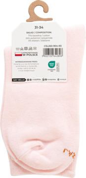 Tył metki jasnoróżowych skarpet dziecięcych Moomy, rozmiar 31-34, skład: bawełna, poliamid, elastan. Wyprodukowano w Polsce.