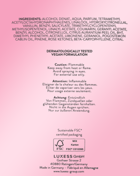 Tył opakowania perfum ROSA FOR HER na różowym tle, widoczna lista składników, ostrzeżenia i certyfikat FSC.