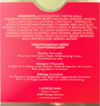 Bellisima Rossa, tył opakowania, etykieta ze składem perfum, ostrzeżeniami i wegańską formułą.
