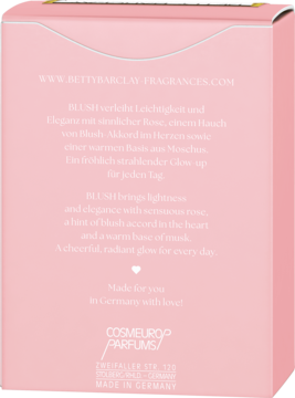 Tył różowego opakowania perfum Betty Barclay Blush z niemieckim i angielskim opisem zapachu róży i piżma.