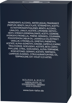 Tył ciemnego opakowania wody toaletowej Tom Tailor Essence of Power z białą etykietą i pełną listą składników.