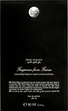 Czarne opakowanie perfum GREAT IN BLACK 90ml, przód. Francuski ambrowo-fougere zapach.
