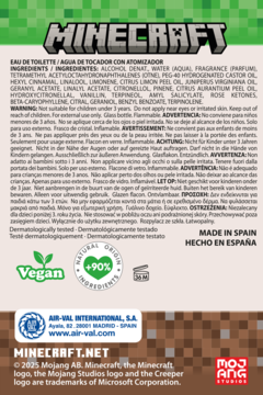 Tył opakowania Minecraft Eau de Toilette, zielona grafika, lista składników, informacje Vegan, made in Spain.