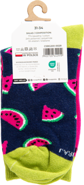 Dziecięce skarpety nie do pary z wzorem arbuzów, granatowe z różem i limonką. Tył z metką rozmiaru 31-34.