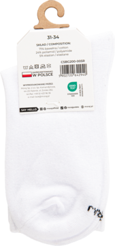 Białe bawełniane skarpety dziecięce 31-34, z metką wskazującą skład i certyfikat OEKO-TEX. Widok z przodu.