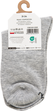 Tył szarej skarpetki dziecięcej r. 31-34 z metką. Widoczny skład (bawełna, poliamid) i certyfikat Oeko-Tex.
