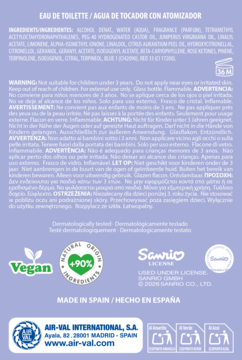 Tył fioletowego opakowania Sanrio Eau de Toilette, z wielojęzycznymi ostrzeżeniami i logo Vegan.
