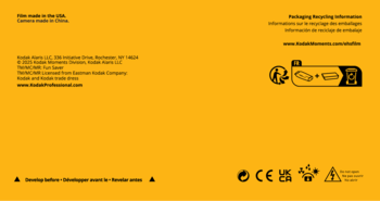 Tył żółtego opakowania aparatu Kodak Fun Saver 27 WW, z symbolami recyklingu, adresem i ostrzeżeniami.