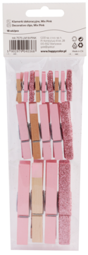 Klamerki dekoracyjne HappyColor Mix Pink, 18 sztuk: różowe, drewniane i brokatowe, w folii, widok z przodu.