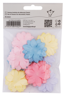 Tył opakowania Happy Color, zestaw 10 pastelowych kwiatów do dekoracji: różowych, żółtych, niebieskich, fioletowych.