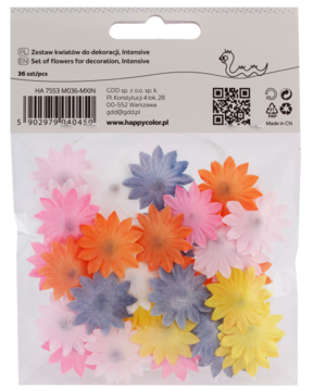 Zestaw 36 sztuk mini kwiatów Happy Color do dekoracji, w pastelowych barwach, widok przezroczystego opakowania.